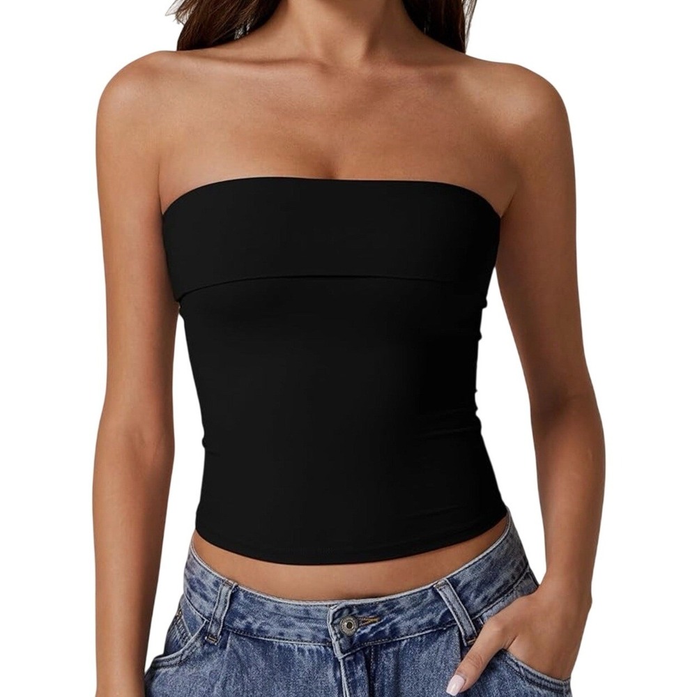 QINSEN Womens Black Tube Top Slim Fit Double Lined Bandeau Basic Y2K Size Medium
